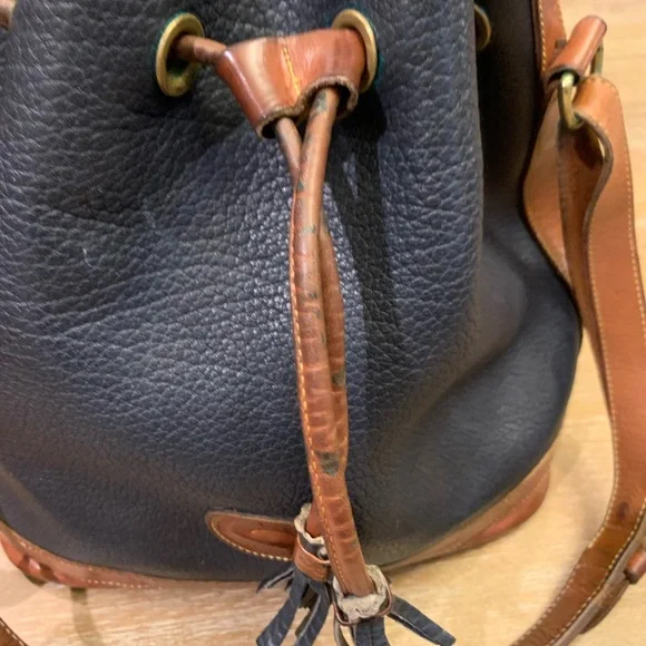 Dooney & Bourke Dark Blue and Brown Leather Draw String Bag - Picture 3 of 13